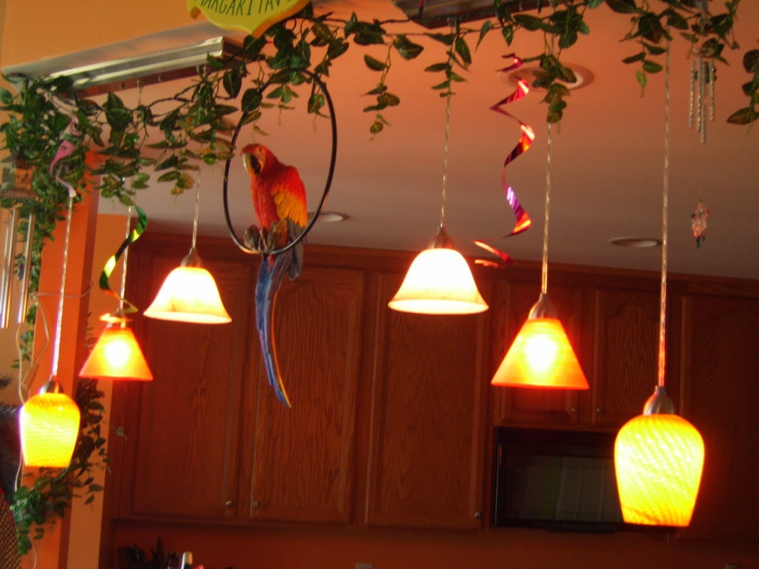 Pendant lights installed over a bar countertop